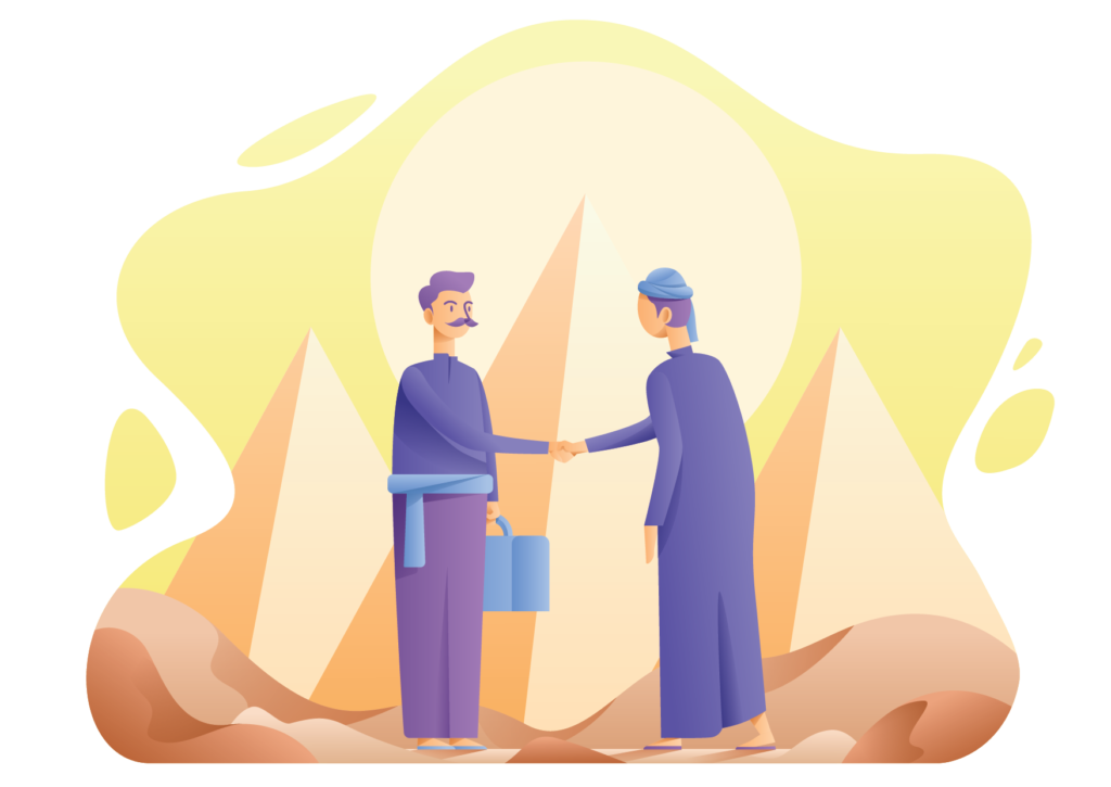 Two businessmen in the desert shaking hands about a preferred stock deal
