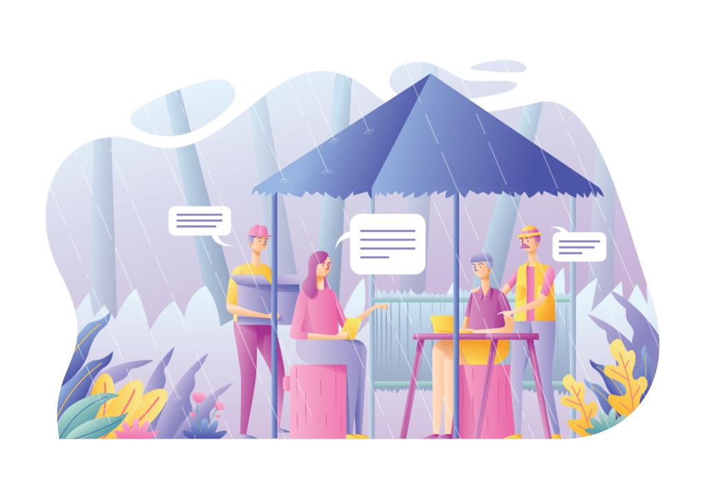 A team with startup equity working hard outside on a rainy day