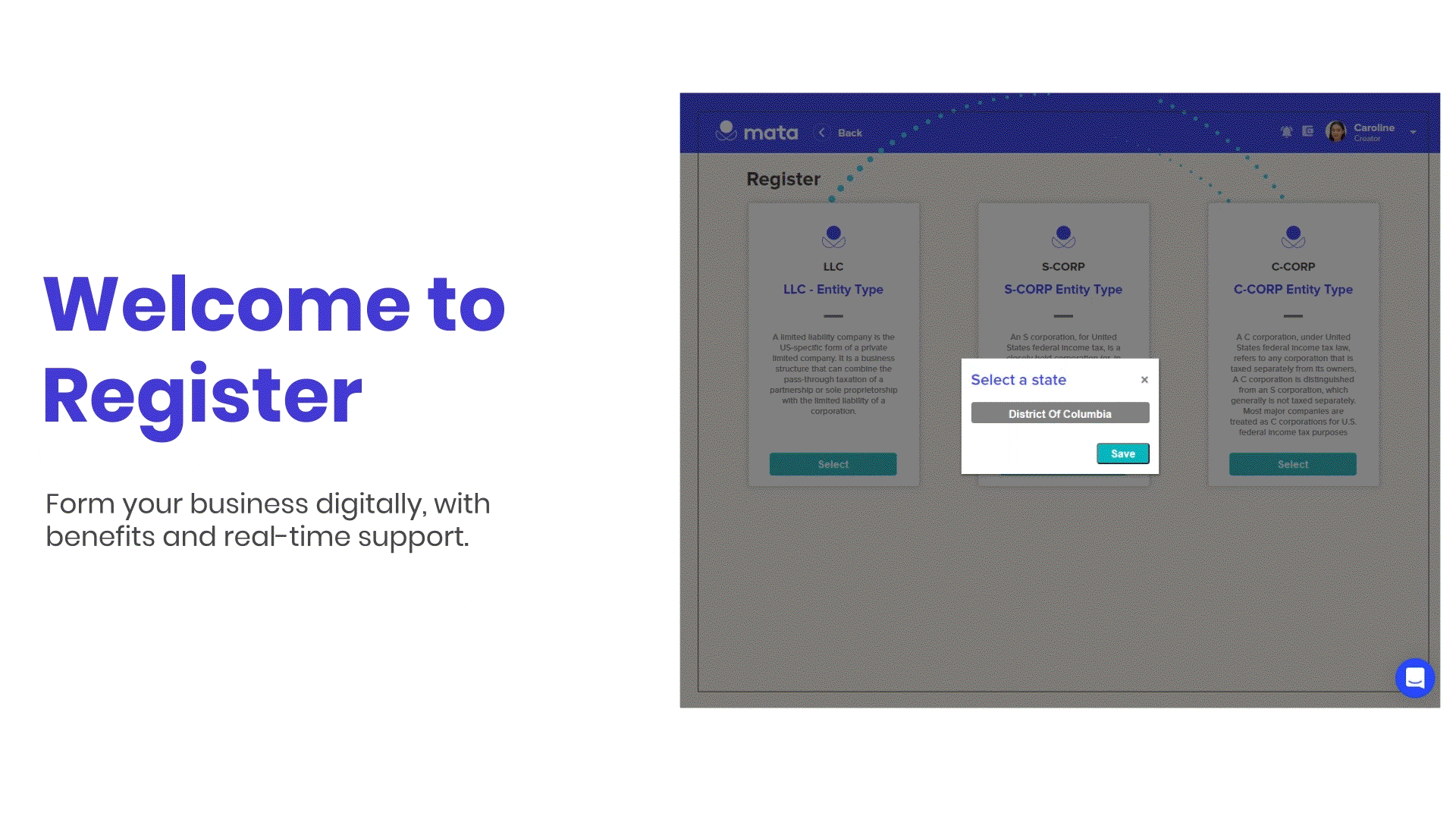 An animated GIF demonstrating business formation inside of the mata platform.